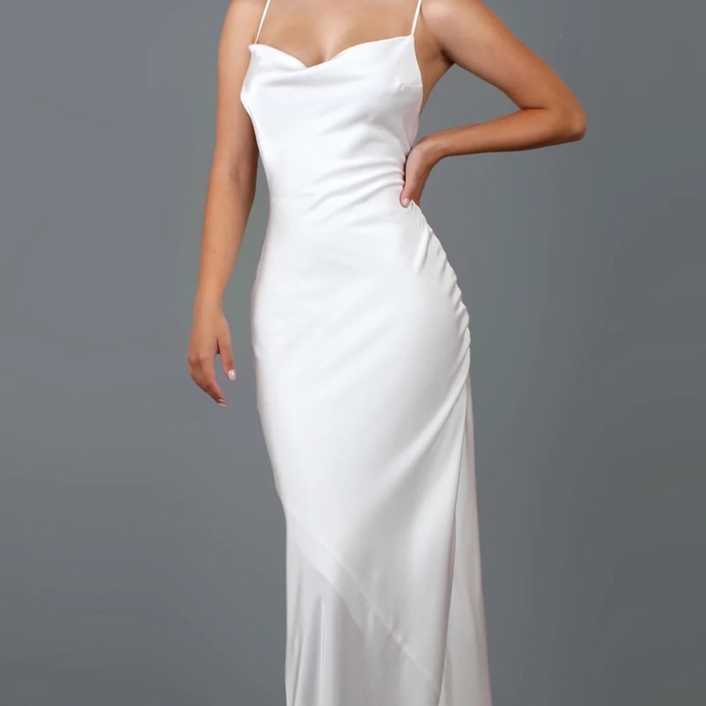 White Cowl-Neck Satin Slip Wedding Dress